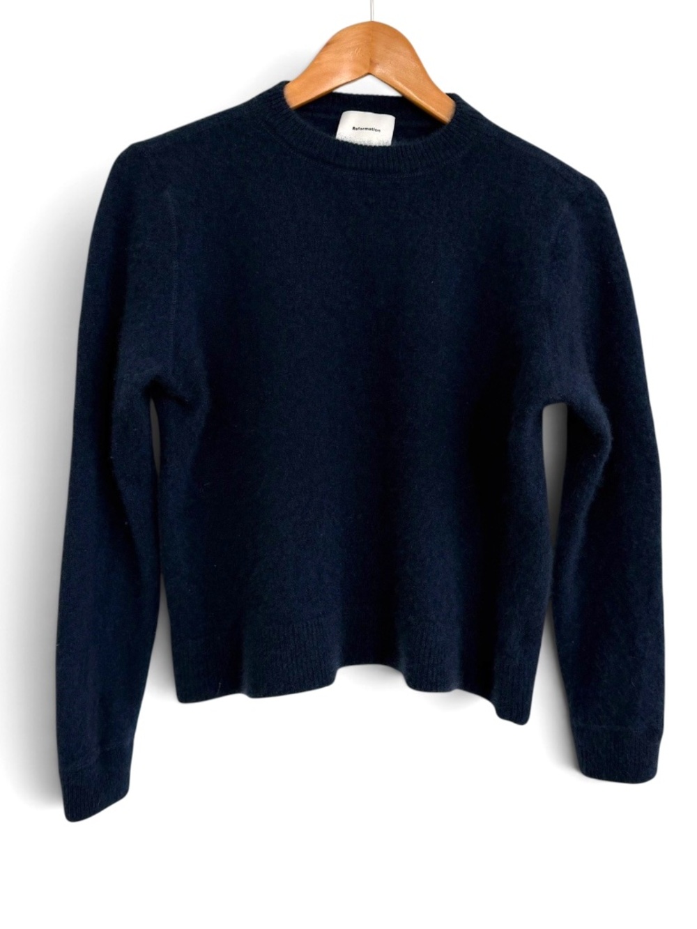 Reformation Navy Recycled Cashmere Cropped Sweater Size S Crewneck Ribbed Trim